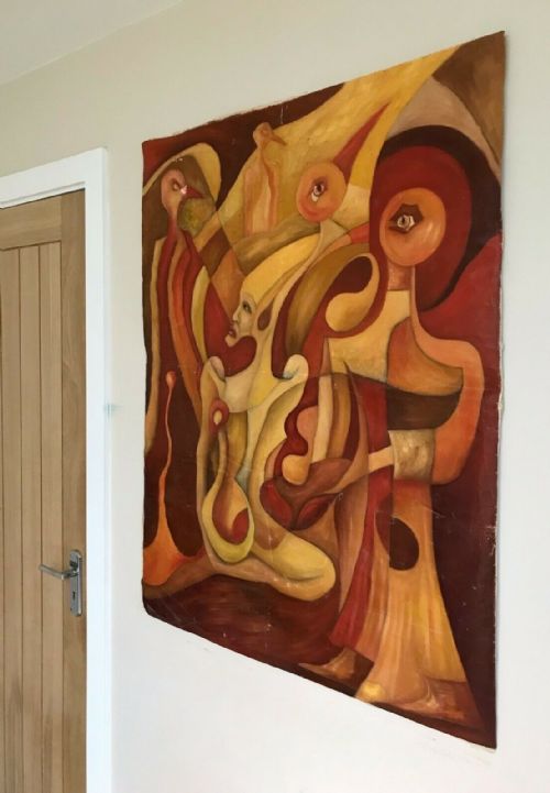 fig 1. Signed EJ Burra Manner of Edward Burra Original Unframed Oil Painting on Loose Canvas Abstract Bird Seated Women