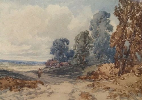 English School Original 19th  Century Antique Watercolour Painting Figure in a Country Landscape