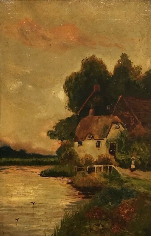 fig 1. Dutch School Original 19th Century Antique Oil Painting Flatland Scene Figure by a Cottage Sunset River Landscape
