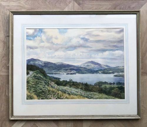 fig 1. Florence Walker Original signed Early 20th Century Antique Watercolour Painting Derwentwater Landscape, English Lake District