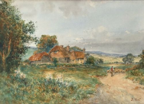 S Hart Signed Original Early 20th Century Antique Watercolour Painting Farmer Herding Sheep Country Landscape