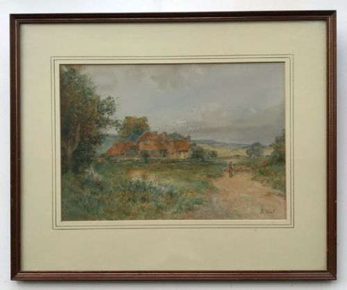 fig 1. S Hart Signed Original early 20th Century Antique Watercolour Painting Farmer Herding Sheep Country Landscape