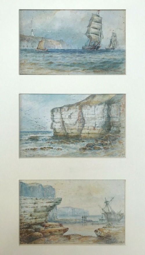 John Taylor Allerston 1892 Signed & Dated Three Antique Watercolour Paintings Mounted as a Triptych Little Thornwick & Flamborough Yorkshire Seascapes