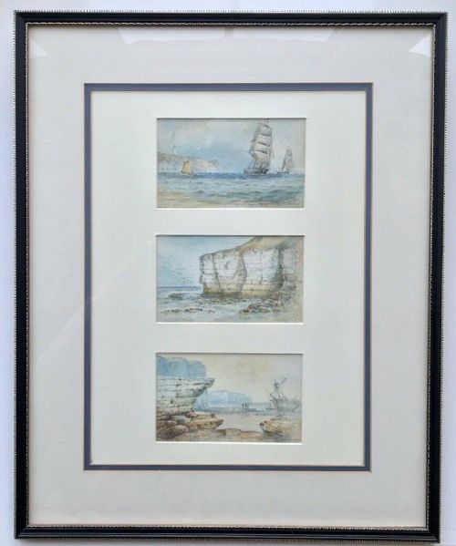 fig 1. John Taylor Allerston 1892 Signed & Dated THREE Antique Watercolour Paintings Mounted as a Triptych Little Thornwick & Flamborough Yorkshire Seascapes