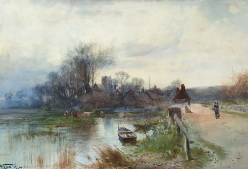 Henry Charles Fox Rba 1900 Original Signed English Antique Watercolour Painting Village Landscape