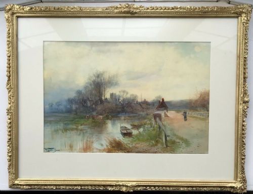 fig 1. Henry Charles Fox RBA 1900 Original signed English Antique Watercolour Painting Village Landscape