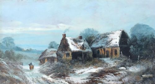 Harry Foster Newey Signed Original Oil Painting on Board Winter Snow Landscape Figures & Rural Cottages