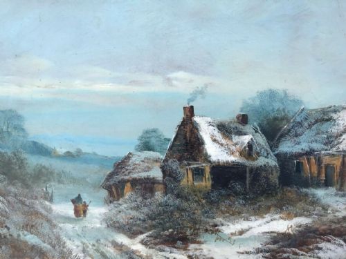 fig 1. Harry Foster Newey Signed Original Oil Painting on Board Winter Snow Landscape Figures & Rural Cottages