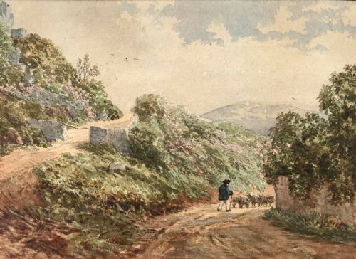 Lewis Pinhorn Wood Signed Original Late 19th Century Antique English Watercolour Painting Shepherd Sheep Country Scene