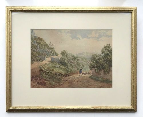 fig 1. Lewis Pinhorn Wood Signed Original late 19th Century Antique English Watercolour Painting Shepherd Sheep Country Scene