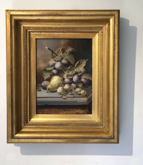 Oliver Clare Signed Original Antique Oil Painting on Wood Panel Pear Plums Gooseberry Still Life in Period Frame