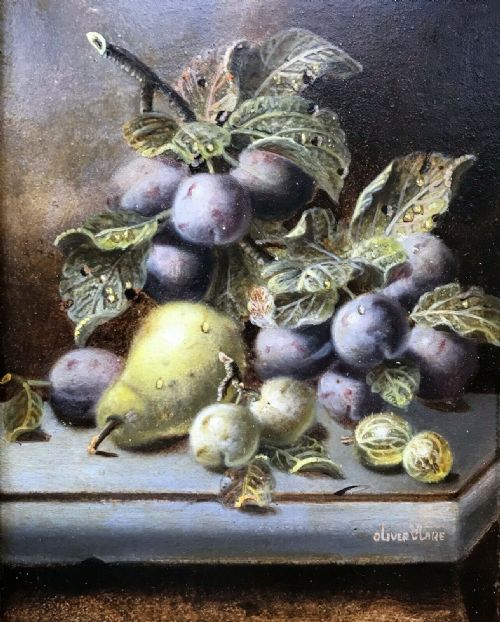 fig 1. Oliver Clare Signed Original Antique Oil Painting on Wood Panel Pear Plums Gooseberry Still Life in Period Frame