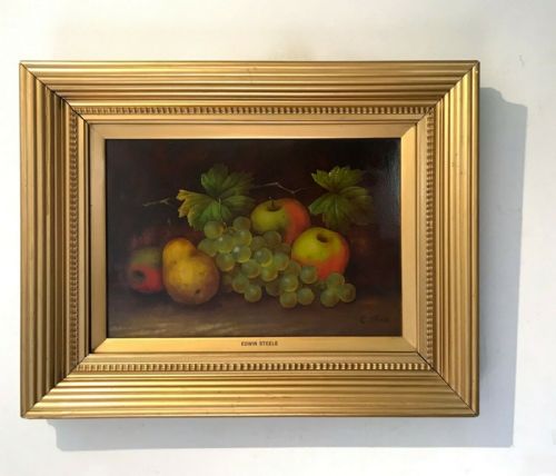 Edwin Steele Signed Original 19th Century Antique Oil Painting on Wood Panel Grapes Apple Pear Still Life