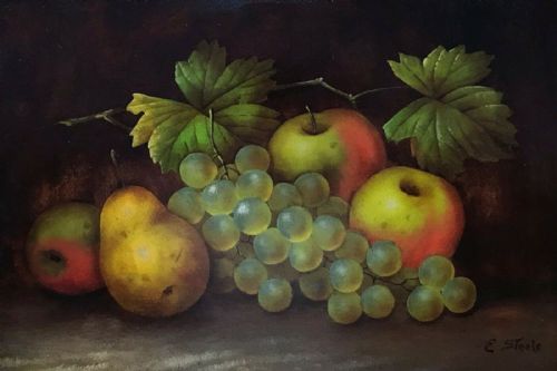 fig 1. Edwin Steele Signed Original 19th Century Antique Oil Painting on Wood Panel Grapes Apple Pear Still Life