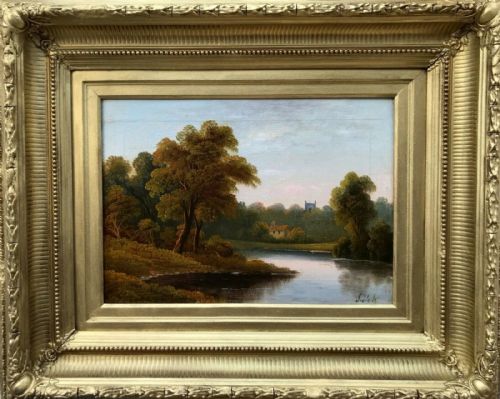 S Holt Signed Original 19th Century Antique Oil Painting on Canvas River Church Cottage Tree Landscape in Substantial Period Frame