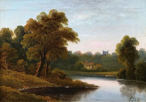 fig 1. S Holt Signed Original 19th Century Antique Oil Painting on Canvas River Church Cottage Tree Landscape in Substantial Period Frame