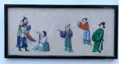 Chinese Original 19th Century Antique Watercolour Ink Painting on Pith Paper Five Figures Scene 2