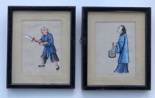 2 Original Chinese C19th Antique Watercolour Paintings Pith Paper Figure Scenes