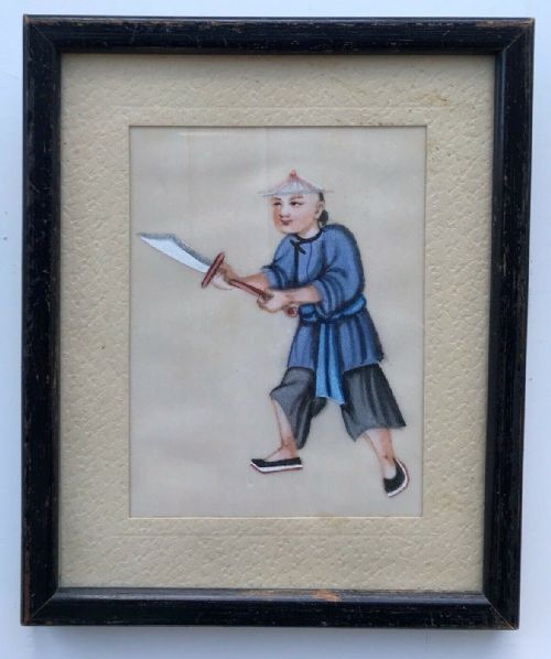 fig 1. 2 Original Chinese C19th Antique Watercolour Paintings Pith Paper Figure Scenes
