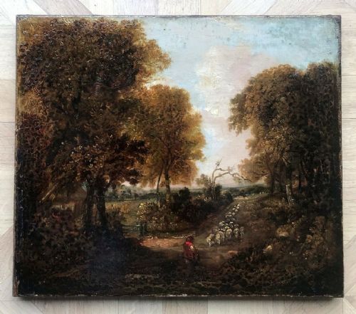 Original Early 19th Century Antique Oil Painting on Canvas Shepherd & Flock on a Wooded Path English Landscape