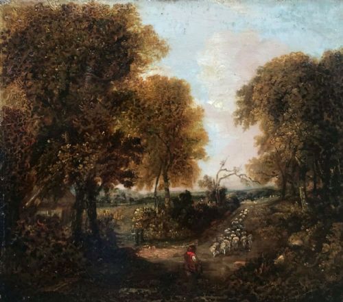fig 1. Original Early 19th Century Antique Oil Painting on Canvas Shepherd & Flock on a wooded path English Landscape