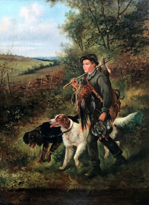 W Fitz Original Signed Antique English Oil Painting on Canvas Pheasant Hunting with Boy & Gun Dogs
