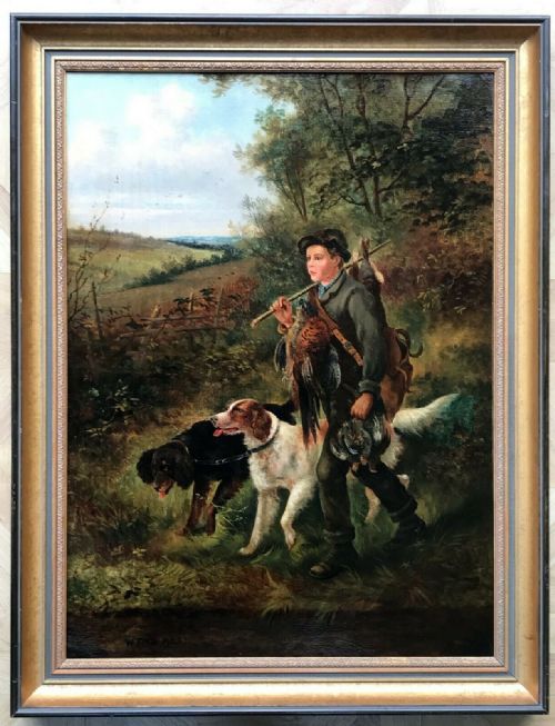 fig 1. W Fitz Original Signed Antique English Oil Painting on Canvas Pheasant Hunting with Boy & Gun Dogs