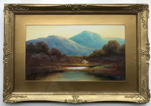 British School Original 19th Century Antique Oil Painting on Board Mountainous Cottage Landscape View
