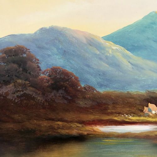 fig 1. British School Original 19th Century Antique Oil Painting on Board Mountainous Cottage Landscape View