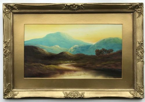 British School Original 19th Century Antique Painting Mountainous Landscape with Sheep