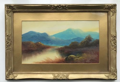 British School Original 19th Century Antique Oil Painting Mountainous Landscape Cattle View