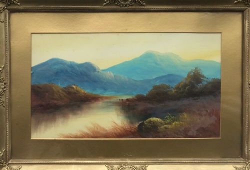 fig 1. British School Original 19th Century Antique Oil Painting Mountainous Landscape Cattle View