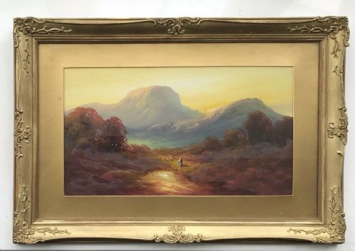 British School Original Antique Painting Mountainous Landscape Sheep Figure View