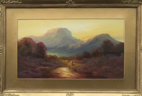 fig 1. British School Original Antique Painting Mountainous Landscape Sheep Figure View