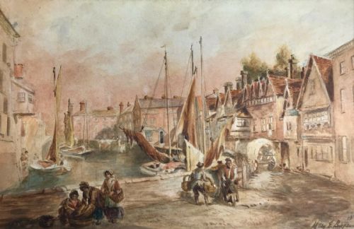 After John Thistle Signed Mary E Burgess & Blind Stamped Esk Original 19th Century Antique Watercolour Painting Norwich Quayside English Landscape