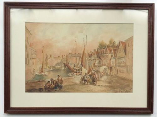 fig 1. After John Thistle Signed Mary E Burgess & Blind Stamped ESK Original 19th Century Antique Watercolour Painting Norwich Quayside English Landscape