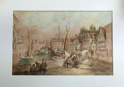 fig 2. After John Thistle Signed Mary E Burgess & Blind Stamped ESK Original 19th Century Antique Watercolour Painting Norwich Quayside English Landscape