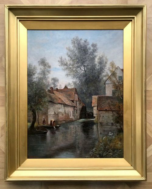 Original Signed 19th Century Antique Oil Painting on Canvas Figures Before a Watermill & River Landscape Scene