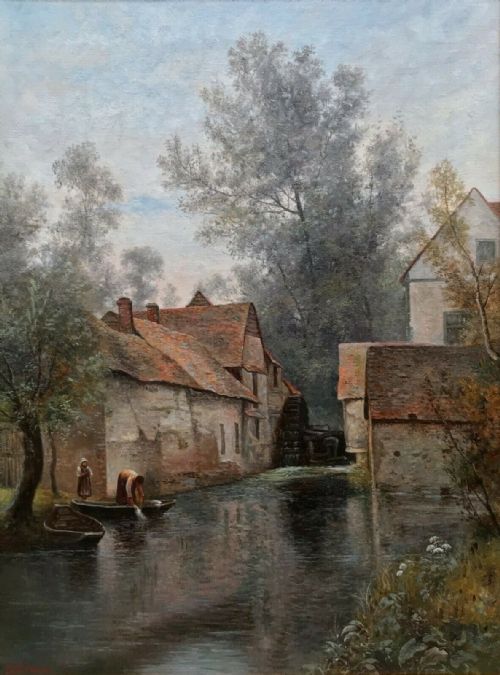 fig 1. Original Signed 19th Century Antique Oil Painting on Canvas Figures before a Watermill & River Landscape Scene