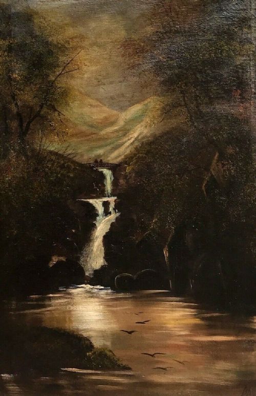 Davy Signed Original 19th Century Antique Oil Painting on Canvas Depicting a Waterfall Bridge & Figures