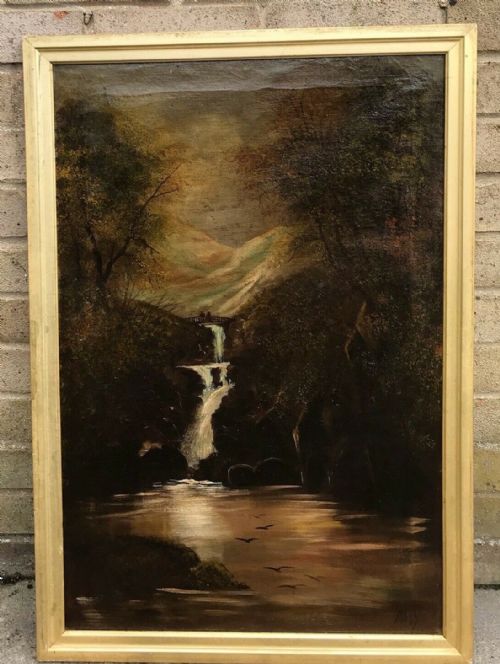 fig 1. Davy Signed Original 19th Century Antique Oil Painting on Canvas depicting a Waterfall Bridge & Figures