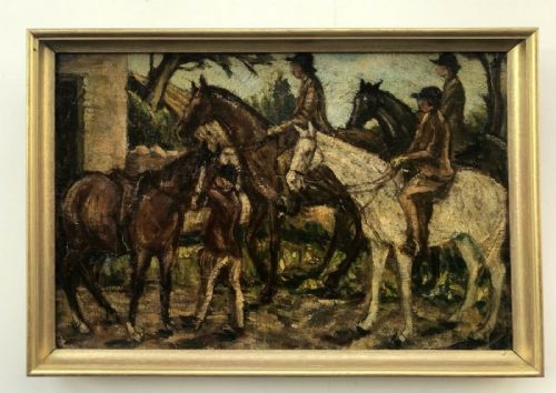 Original 19th Century Small Antique Oil Painting on Canvas Figures Horses Riders Landscape