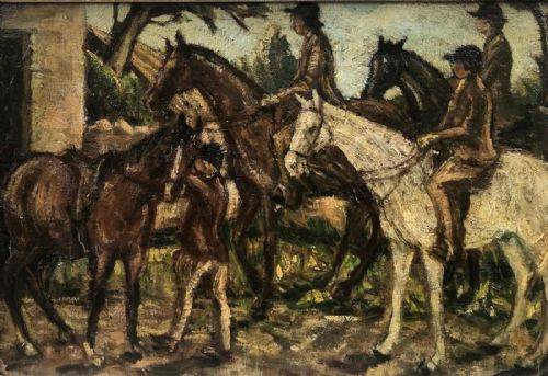 fig 1. Original 19th Century Small Antique Oil Painting on Canvas Figures Horses Riders Landscape