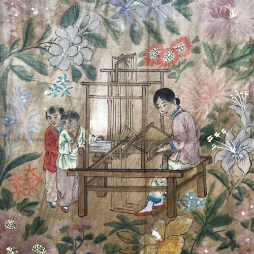 Original Chinese C19th Antique Watercolour/ink Painting on Silk Figures Weaving at a Loom with Floral Decoration