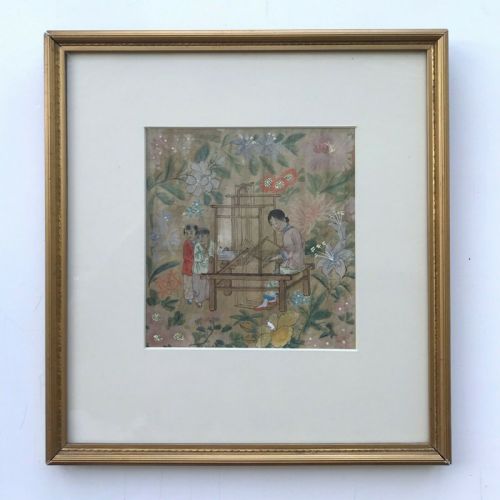 fig 1. Original Chinese C19th Antique Watercolour/Ink Painting on Silk Figures Weaving at a Loom with Floral Decoration