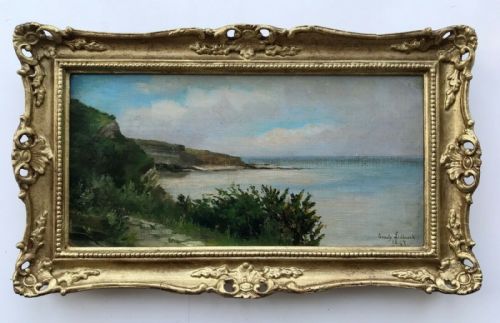 Emily Ledbrook 1897 Signed Original 19th Century Antique Oil Painting on Canvas English Coastal Landscape