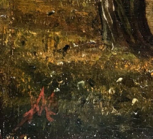 fig 1. Signed with Monogram Original 19th Century Antique Oil Painting on Wood Panel Country Park Estate Landscape with Figures & Cattle