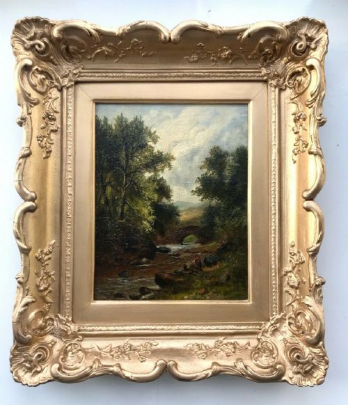English School 19th Century Original Oil Painting on Canvas Angler by Packhorse Bridge English Landscape in Period Frame