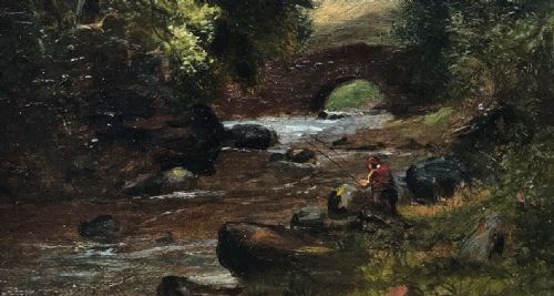 fig 1. English School 19th Century Original Oil Painting on Canvas Angler by Packhorse Bridge English Landscape in Period Frame