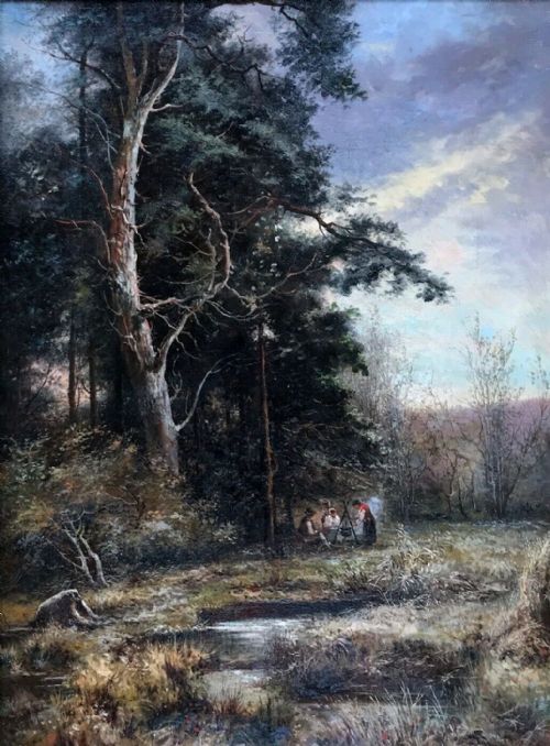 Indistinctly Signed M Croupe Original Late 19th Century Antique Oil Painting on Canvas, Gypsy Figures by a Fire, English Woodland Landscape